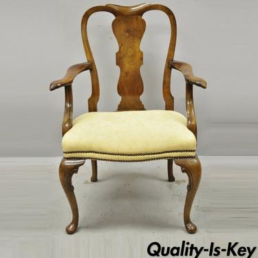 19th Century English Queen Anne Carved Burr Walnut Splat Back Dining Arm Chair