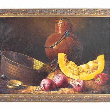Vintage Still Life Painting Squash Onions w Copper Pot & Vessel signed Vasquez 