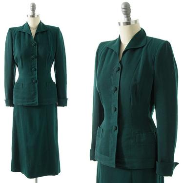 Vintage 1940s Skirt Suit | 40s Forest Green Wool Gabardine Tailored Blazer Jacket &amp; Pencil Skirt Set (x-small) 