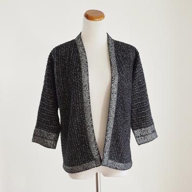 Vintage Cardigan Sweater, Black Silver Metallic Knit Sweater, 70s Sweater, Boxy Slouchy Sweater, Medium Large 