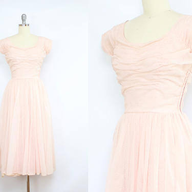 Vintage 50's Soft Pink Flocked Velvet Polka Dot Dress / 1950's Party Dress / Pretty In Pink Dress / Women's Size XS by Ru