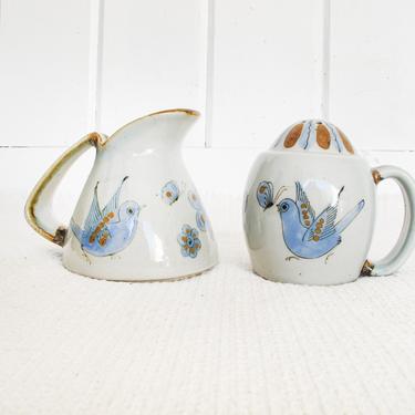 Hand Crafted and Painted Tonala Ceramic Creamer Pitcher and Sugar Shaker 