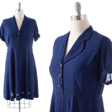 Vintage 1940s Shirt Dress | 40s Navy Blue Cotton Rayon Button Up Shirtwaist Day Dress (x-large) 