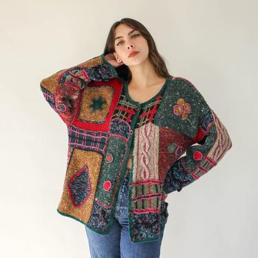 Vintage 90s Express Fancy Knit Pattern on Pattern Heart Cardigan Sweater | Wool, Acrylic, Angora Blend | 1990s Designer Bohemian Hobo Jumper 