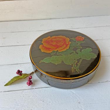 Vintage Black, Gold, Red Roses Trinket Box // Floral Jewelry Box, Black Flower Powder Bowl // Vanity Tray, Dish // Perfect Gift 