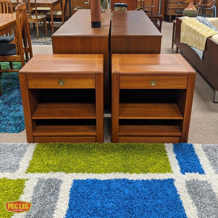 Pair of teak nightstands with brass pulls from the Captain's Line by D-Scan