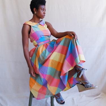 Vintage 80s Rainbow Check Cotton Sundress/ 1980s Sleeveless Colorblock Madras Summer Dress/ Full Skirt/ Size Medium 