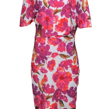 Alexia Admor - White, Purple & Pink Floral Print Cowl Neck Sheath Dress Sz L