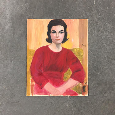Vintage Portrait Painting 1960s Retro Size 20x16 Woman in Red + Mid Century Modern + Acrylic on Canvas Board + MCM Wall Art and Home Decor 