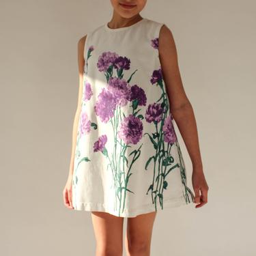 Vintage 60s Violet Carnation Botanical Print Girls A-Line Dress | Bohemian, Boho, Easter Girl | 1960s Cotton Floral Kids Dress 