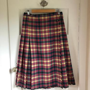 1980s Plaid Pleated Wrap Skirt by Al Jean- size L 