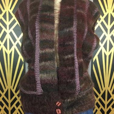 vintage sweater vest, sheila Raymond, 1980s mohair sweater, sleeveless, striped, crochet, oversized knit top, one size, chunky, purple wool 