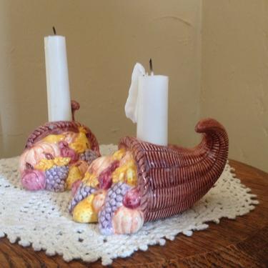 Vintage Pair Cornucopia Thanks Giving Decor Shaped Candle Holders  4&quot; 