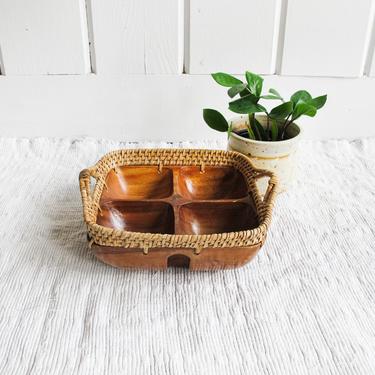 Beautiful Vintage Mid-Century Modern Hand Made Wood 4 Compartment Tray with Rattan Accenting and Handles 
