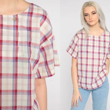80s Plaid Shirt 80s Double Breasted Button Up Blouse Checkered Print White Pink Cap Sleeve Boho Top 1980s Short Sleeve Vintage Medium 