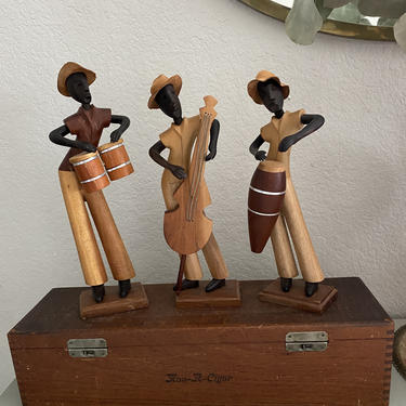 Trio of Musicians Carved Wood Sculptures 