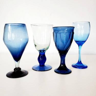 Vintage Mismatched Blues Wine Glass Set / Water Goblets 