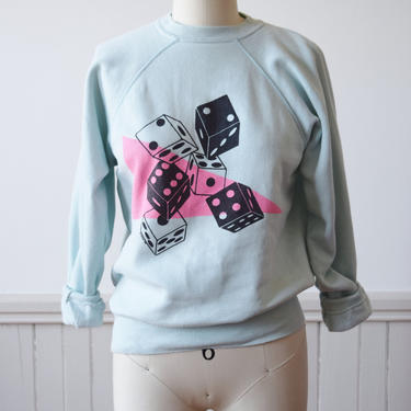 1980s Roll the Dice Raglan | Vintage 1980s Sweatshirt with Dice Motif | S 
