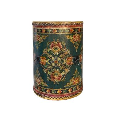 Distressed Chinese Tibetan Drum Shape Teal Green Orange Floral Side Table cs7184E 