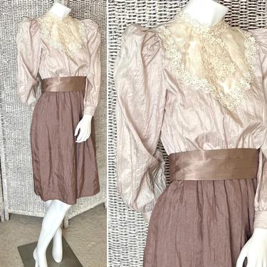 Vintage Dress, Edwardian, Sheer Illusion, High Neck, 70s 80s Knee Length 