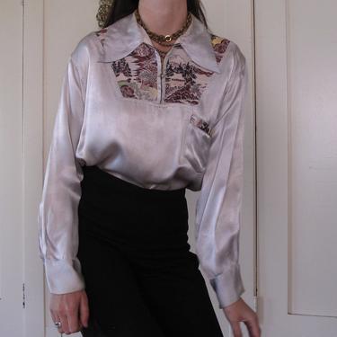 1940's Satin Zip Blouse w/ Embroidery sz Med 