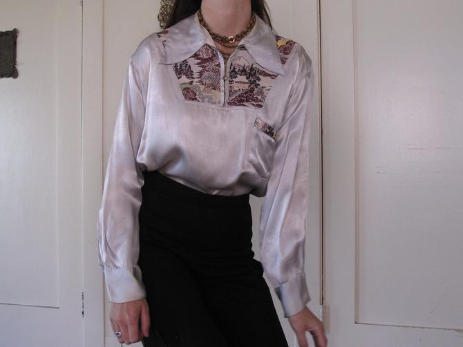 1940's Satin Zip Blouse w/ Embroidery sz Med 