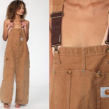80s Carhartt Overalls 1989 Brown Streetwear Cargo Dungarees Tan Coveralls Workwear Utility Wide Leg Jeans Work Wear Vintage Extra Large xl 
