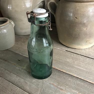 L'Ideale' Glass Conserve Bottle, Ceramic Lid, Aqua Green Glass Bottle, 9 inch Size, Mason Glass, French Country Farmhouse 