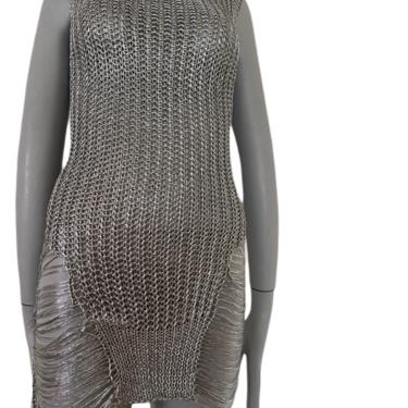 90’s Vintage Fishnet DRESS, silver disco dress, see thru sheer cut out silver metallic party dress, size s 6 small 