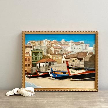 Vintage French Port Oil Painting Marseille France Shoreline Boats Coastal 