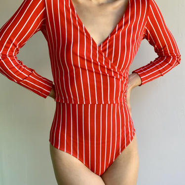 Red with White Stripes Long Sleeve Nylon Bodysuit 