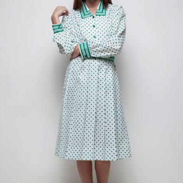 shirtwaist dress green polka dot striped pleated belted long sleeves vintage 70s LARGE L 