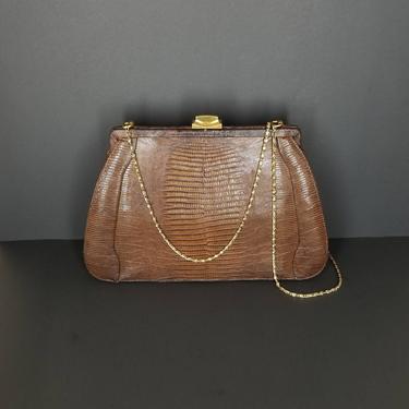 Vintage Brown Crocodile Shoulder Bag / 1960s Framed Hand Bag / Long Gold Shoulder Strap / Roomy Medium Size Vintage Purse 