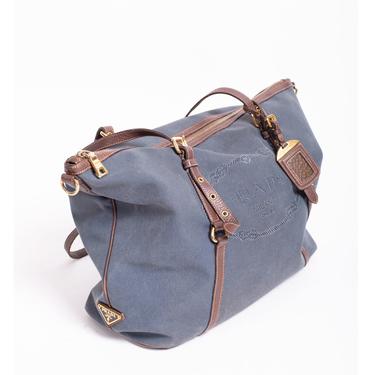 Vintage PRADA Tessuto Blue Canvas + Leather Monogram Tote Bag with Gold Hardware + Logo Plaque Satchel Carryal 