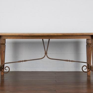 Antique Spanish Provincial Style Ash Wood Farmhouse Dining Table With Wrought Iron Stretcher 