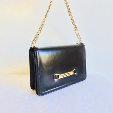 Vintage Black Leather Structured Purse Gold Convertible Shoulder Chain Hardware 60's Handbags Bienen Davis 