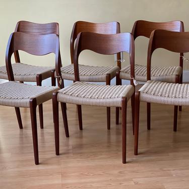 Set of six Moller Model #71 Dining Side Chairs, in Teak and new Danish Paper Cord 