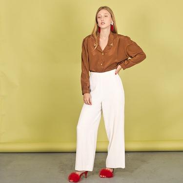 80s White Rayon Formal Pants Vintage Classic High Waisted Trousers 