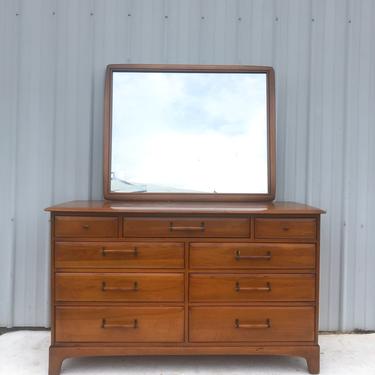Mid Century Pine Lowboy Dresser with Mirror