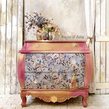 Coral Boho French Bombe Chest | Pink Vintage Chest | Entryway Accent Table. Boho Eclectic French Country Home |Bedroom Dresser 
