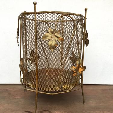 Hollywood Regency Gold Metal Mesh Waste Basket With Leaves, Mid Century Gold Leaf Modern Bedroom Bathroom 