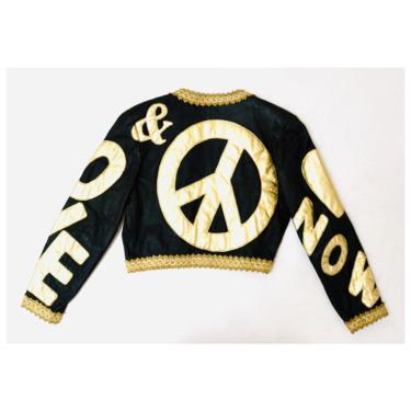 90s Vintage Moschino Peace LOVE NOW Leather Jacket Vintage Black Gold Metallic Leather Heart Jacket by Moschino Leather Medium 
