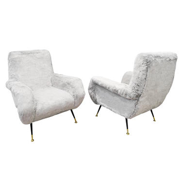 Pair of Sculptural Italian Lounge Chairs in Faux Fur 1950s
