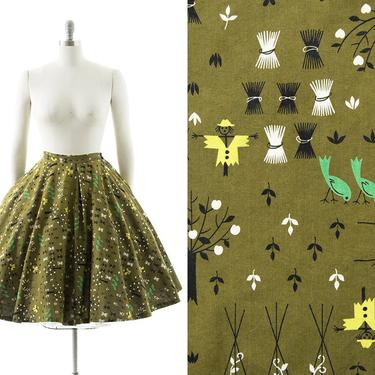 Vintage 1950s Circle Skirt | 50s Scarecrow Floral Farm Novelty Print Olive Green Cotton Full Swing Skirt (medium) 