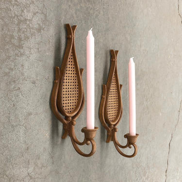 Vintage Sconce Set Retro 1980s Set of 2 Matching Brown Faux Wood + Cane + Plastic + Sconces Set + Tan + Wall Mounted + Candle Holders 