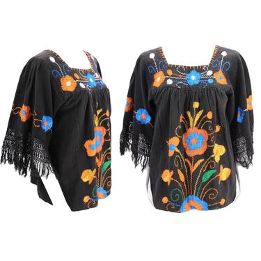 70s black embroidered Peasant Blouse sz M / vintage 1970s loose and draped floral folk festival top 