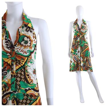 1970s Psychedelic Print Jersey Halter Dress - 1970s Halter Dress - 1970s Psychedelic Dress - 70s Green Dress - 70s Yellow Dress | Size Small 