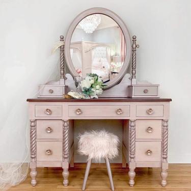 Lovely vanity set, including mirror and stool. 