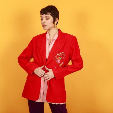 80s Bright Red Hand Embroidered Face Blazer Vintage Reworked Jacket 