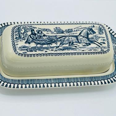 Vintage Currier & Ives Blue by Royal, China Butter Dish- Chip Free 